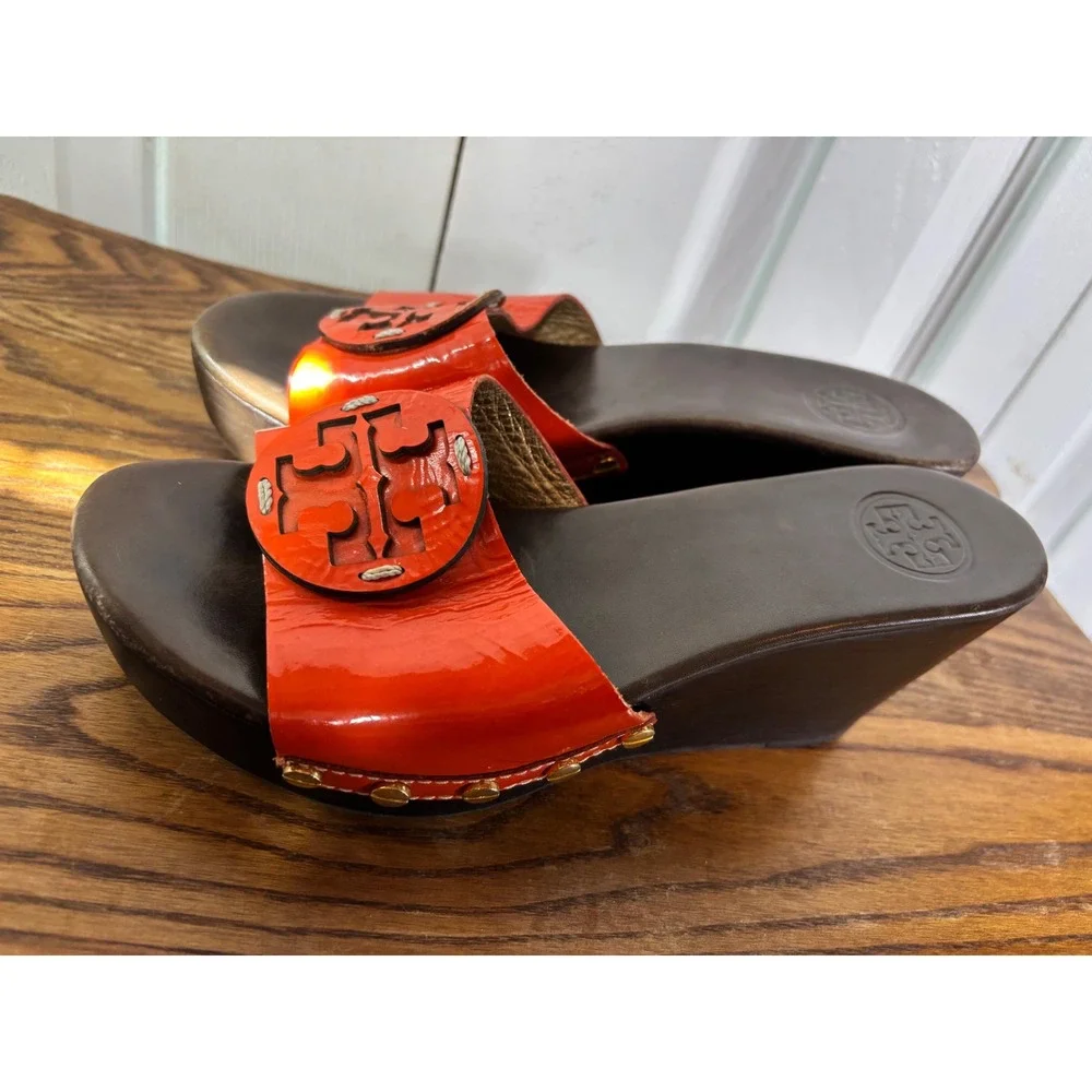 Tory Burch Women's Orange Patent Leather Logo Clog Platform Wedge Slides size‎ 6